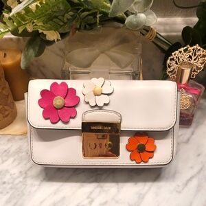Michael Kors White Crossbody Bag with Pink, Orange & Cream Flower Accents